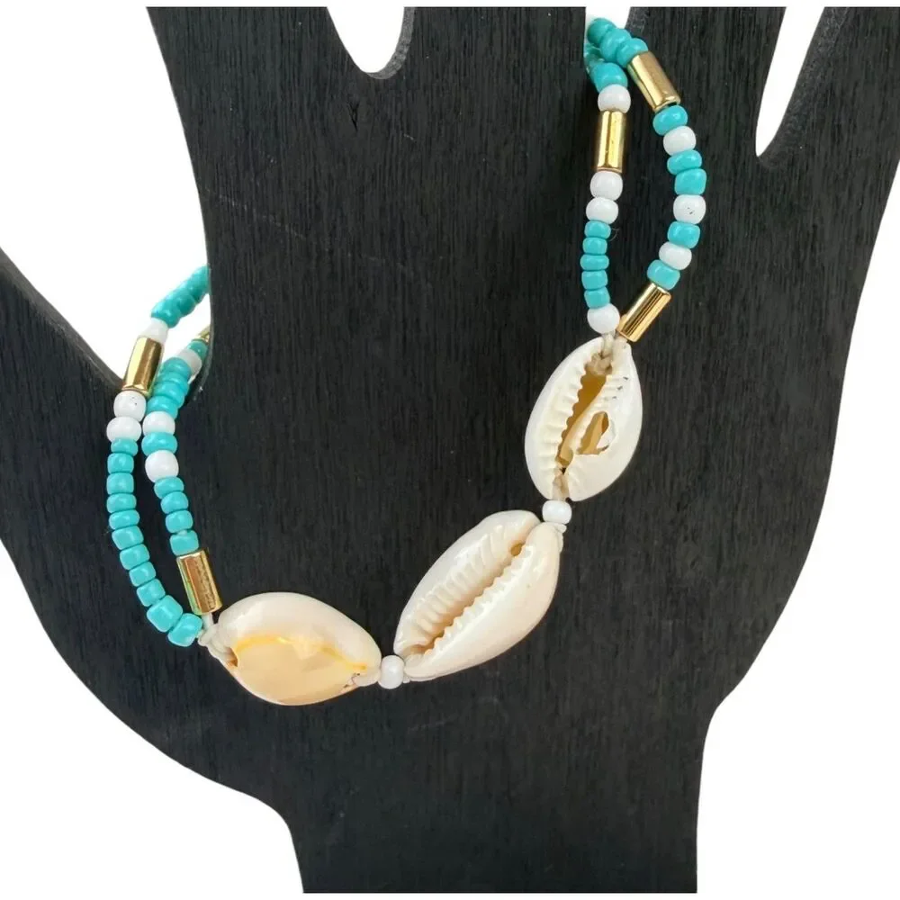 J.Crew 3-In-1 Strand Cowrie Shell Turquoise White Bead Tassel Bracelet Gold